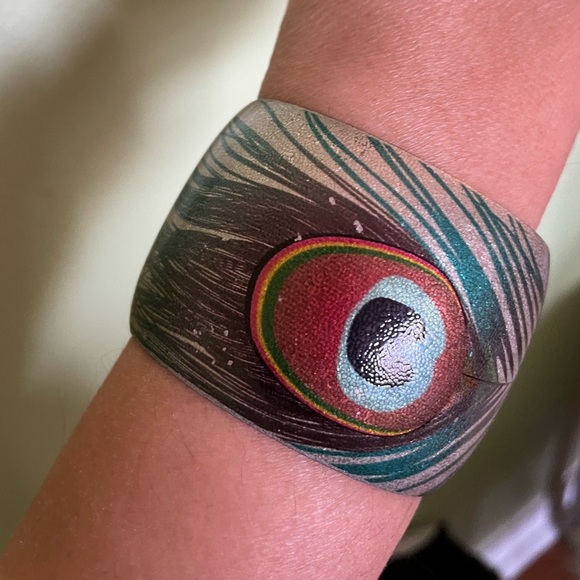 Peacock Feather Cuff Bangle and Earrings - Picture 6 of 13